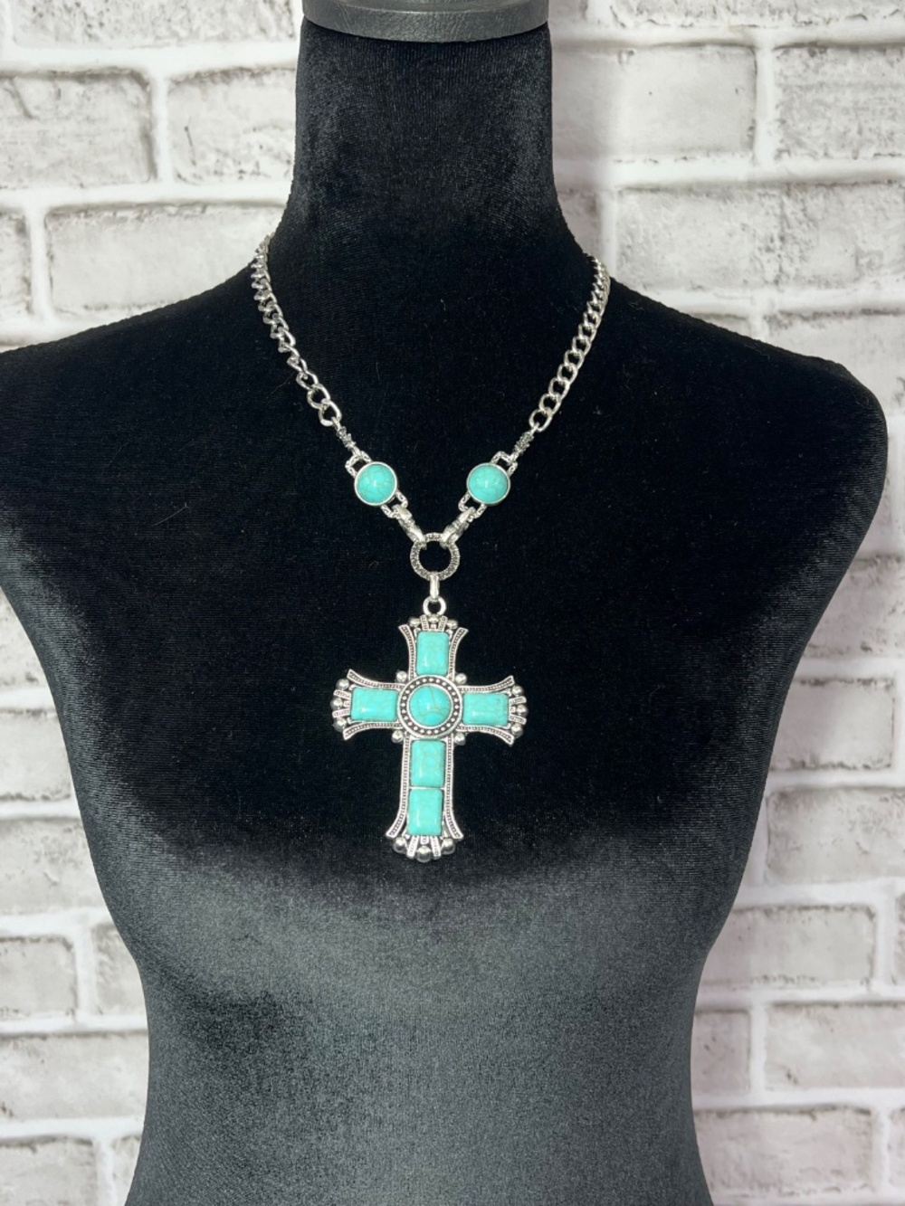 Turquoise Cross • Silver Tone Western Gothic Statement Pendant Necklace